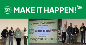 Make It Happen Awards logo on a green background with a photo collage of winners underneath