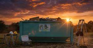 Trash Pandy branded teal dumpster filled with construction debris at sunset on a Tennessee job site