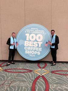 Brandon pena and sam sepulveda celebrate best coffee shop in north america