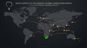 World map showing JTB Consulting's global client reach from South Africa to London, Dubai, New York, Sydney, and other international cities