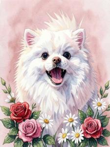 Watercolor portrait of a happy white Pomeranian dog with its mouth open in a smile, surrounded by red and pink roses and white daisies against a soft pink background.