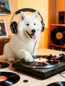 A white Samoyed dog wearing over-ear headphones, sitting behind a vinyl record turntable with its paw resting on the deck, tongue out and smiling, surrounded by vinyl records and speakers in a warm, orange-lit room.