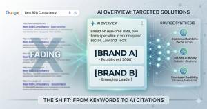 A horizontal infographic showing a blurred Google search page labeled 'Fading' transitioning into a clear AI Overview box that recommends two specific brands based on source synthesis signals like contextual mentions and off-site authority.