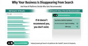 An infographic titled 'Why Your Business Is Disappearing From Search.' It shows a split-screen comparison: the left side represents 'Old Search' with multiple results, while the right side represents 'AI Search' showing a select few 'AI Recommendations.'