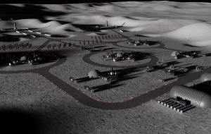 Haley Spaceport District 1 A bird's-eye rendering of a lunar spaceport complex at night, featuring illuminated circular landing pads, dome-shaped habitat structures, solar arrays, and autonomous rovers connected by glowing red-bordered roadways against th