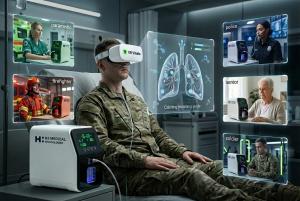 Military service member using VR Vitalis virtual reality headset with H2 Medical Technologies molecular hydrogen inhalation device, surrounded by use-case panels showing paramedic, firefighter, police officer, senior patient, and soldier applications