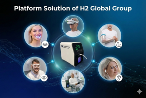 H2 Global Group platform solution overview showing H2 Medical Technologies molecular hydrogen device at center connected to six application areas including VR Vitalis virtual reality rehabilitation for seniors, oral hydrogen therapy, vision protection, mu