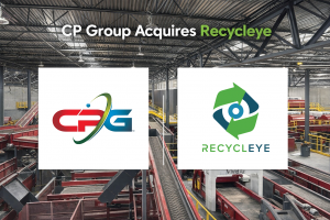 CP Group and Recycleye logos alongside a material recovery facility sorting system