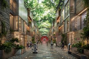 Lunar Cities Boulevard A notional interior rendering of a pressurized lunar habitat showing a wide pedestrian boulevard flanked by multi-story buildings, lush trees, ferns, and flowering plants beneath a vaulted transparent arch, with a glowing circular t