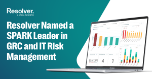 Graphic with teal background and Resolver branding reads “Resolver Named a SPARK Leader in GRC and IT Risk Management.” A laptop on the right displays dashboards with bar charts and risk metrics, representing Resolver’s platform capabilities across enterp