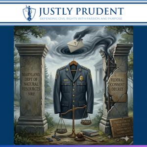 Illustration depicting a Maryland Natural Resources Police officer's uniform jacket hanging on display between two crumbling stone pillars. The left pillar is inscribed "Maryland Dept of Natural Resources — NRP" and the right pillar bears a plaque reading