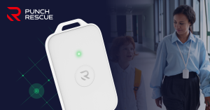 Punch Rescue Rescue Card panic-button device worn by school staff in hallway, part of emergency communications infrastructure system
