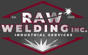 A corporate logo on a dark grey background featuring a prominent maroon diamond frame. Inside, the words "RAW WELDING INC."