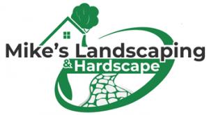Logo for Mike’s Landscaping & Hardscape featuring a green house icon, a tree, and a stone walkway path winding through a circular frame.
