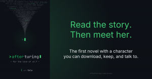 Book cover and logo for After Turing, a novel about AI identity by I and Sola