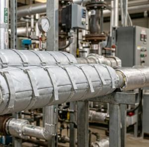 Removable pipe insulation jacket installed on industrial pipeline for thermal insulation and personnel heat protection