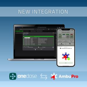 Graphic announcing a new integration between OneDose and AmbuPro, showing a laptop with a medication interface and a smartphone displaying a completed log submission.