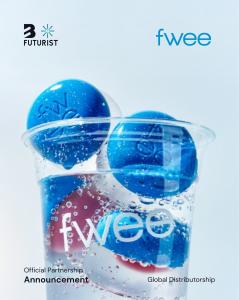 Official partnership announcement between Futurist and K-beauty brand fwee, featuring blue fwee Lip & Cheek Pudding Pots submerged in a carbonated glass of water with bubbles to highlight a refreshing, trendy aesthetic.