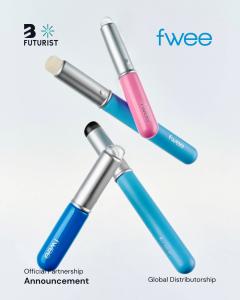 Futurist and fwee global distributorship announcement showcasing a collection of fwee finger-like makeup brushes with colorful pink, light blue, and royal blue handles and soft bristles, floating against a clean white background.