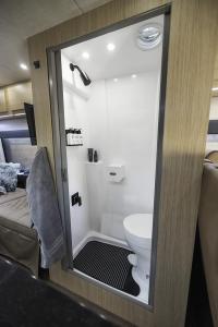 Interior view of the Waldoch StarLux camper van showing a compact white wet bath featuring a wall-mounted shower head, a Thetford toilet, and integrated storage for toiletries, all enclosed within a wood-finish cabinet.