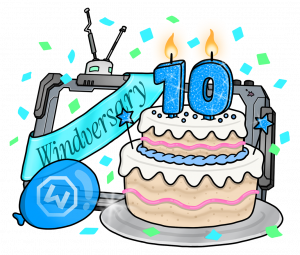 Illustration of a cake with a 10 candle and Windscribe Logo