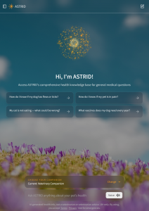 Visually pleasing screenshot of ASTRID Veterinary AI platform showing voice and text AI capabilities.