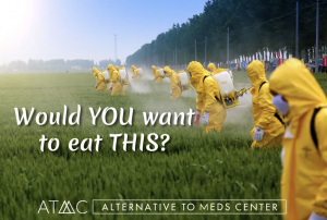 Workers in protective suits spraying crops with herbicides illustrating glyphosate exposure in agriculture and potential risks in food production