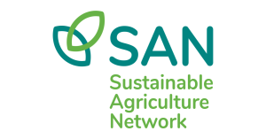 Logo of the Sustainable Agriculture Network, made of two interlocking leaves' outlines of teal and apple colors, with the acronym SAN, and the words "Sustainable Agriculture Network" below