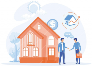 men shaking hands in front of a home, agreeing on the value