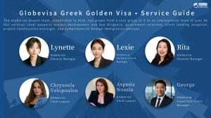 A graphic titled Globevisa Greek Golden Visa Service Guide. It introduces the team, established in 2016, and features headshots of six key members with their titles: Lynette, General Manager; Lexie, Chinese Client Manager; Rita, Channel Manager; Chrysoula