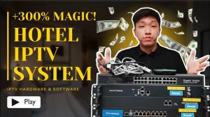 A man presenting a stack of FMUSER hotel IPTV hardware, including a Gigabit switch, an IP gateway, and a multi-channel encoder. The video thumbnail features the text "Hotel IPTV System: IPTV Hardware & Software" alongside falling dollar bills.