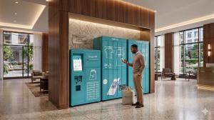 Architectural rendering of Washera smart laundry locker system in a modern building lobby, showing drop-off kiosk and pick-up lockers with mobile app integration and 24/7 access signage.