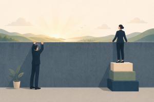 Illustration of two people looking over a wall