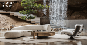 Minimalist luxury living room with curved sofa and lounge chair facing an indoor waterfall and sculptural staircase in a stone setting.