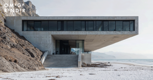 Modern minimalist concrete house cantilevered over a beach from a rocky cliff with large glass windows facing the ocean