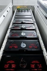 Picture of a vertical rack of high performance computers built by Silverdraft and integrated by Mechdyne