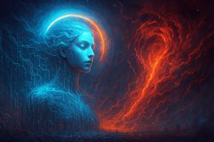 Image shows an AI android with Prometheus, her incendiary clone as a maelstrom of electricity