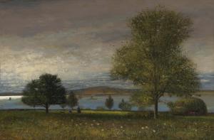 Oil on canvas by Edward Mitchell Bannister (American, 1828-1901), Untitled (Summer, Rhode Island Shore) (late), 17 ¼ inches by 26 ¾ inches. Estimate: $30,000-$50,000