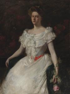 Oil on canvas by William Merritt Chase (American, 1849-1916), titled Lady with a Rose (Miss Mary Shepherd Lukens) (circa 1901), 48 inches by 36 inches. Estimate: $80,000-$120,000
