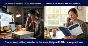 Side by side comparison showing a stressed military spouse overwhelmed by sticky notes and online searches for a PCS move next to the same woman smiling while reviewing her completed PCS PLAN from PCS Pay It Forward