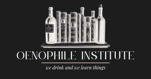 Black-and-white image of the primary logo for The Oenophile Institute, depicting books and bottles of wine interspersed on a bookshelf, with the text "The Oenophile Institute: We Drink and We Learn Things" below the image.