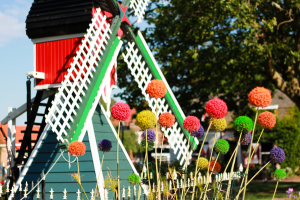 A traditional Dutch‑style windmill—one of Dutch Village’s main attractions—rises behind tall, colorful spherical garden blooms and a white picket fence, showcasing the park’s cheerful outdoor setting.