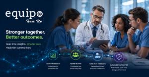 Healthcare team reviewing patient data on a tablet with digital care coordination visuals representing real-time insights and value-based care.