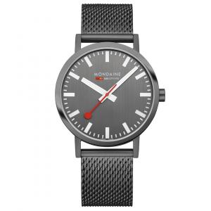 MONDAINE Classic Anthracite watch with a grey dial, iconic red seconds hand, and stainless steel Milanaise mesh bracelet, featuring a minimalist Swiss design.