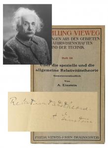 Albert Einstein signed and inscribed copy of his book Relativitätstheorie (1920), in original wrappers. The inscription reads, ‘Relativitätstheorie. / A. Einstein.,’ penned in Einstein’s hand.