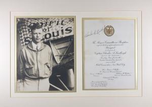 New York City mayoral banquet invitation signed by aviation pioneer Charles Lindbergh, dated June 14, 1927, just three weeks after his historic solo trans-Atlantic flight.