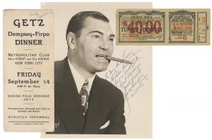 Complete 1927 Gene Tunney-Jack Dempsey “Long Count” fight ticket signed by George Getz, along with a 1923 Dempsey-Firpo dinner card and a Jack Dempsey signed autograph.
