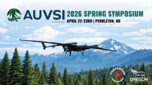 AUVSI Cascade 2026 Spring Symposium promotional graphic featuring a fixed-wing UAS in flight over an Oregon mountain landscape, with event details April 22–23 in Pendleton, OR and logos for AUVSI Cascade, Pendleton UAS Range, and Oregon UAS Accelerator.