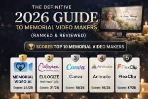 2026 memorial video maker rankings: Memorial Video AI (#1, 24/25), Eulogize Memorials (#2), Canva (#3), Animoto (#4), Adobe Express (#5) — TributeSlideshow.com independent study