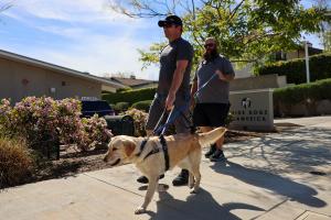 Guide Dogs of America student walking with their guide dog for the first time in front of the GDA|TLC campus - a yellow labrador in a guide dog harness leading the way.